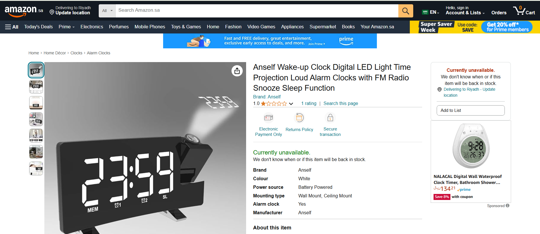 Anself LED Digital Projection Clock