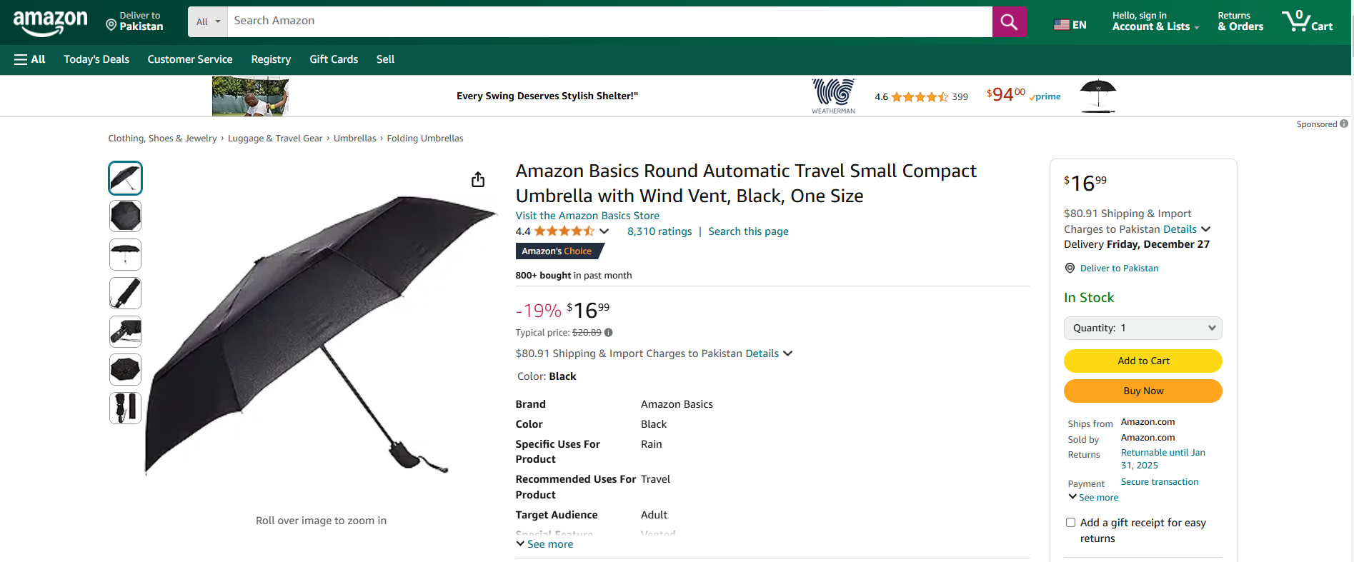 AmazonBasics Automatic Travel Umbrella