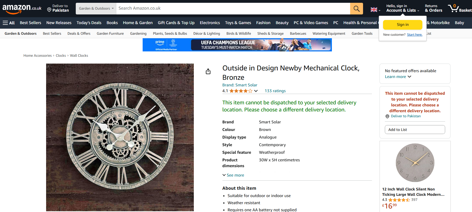 Newby Bronze Mechanical Outdoor Wall Clock