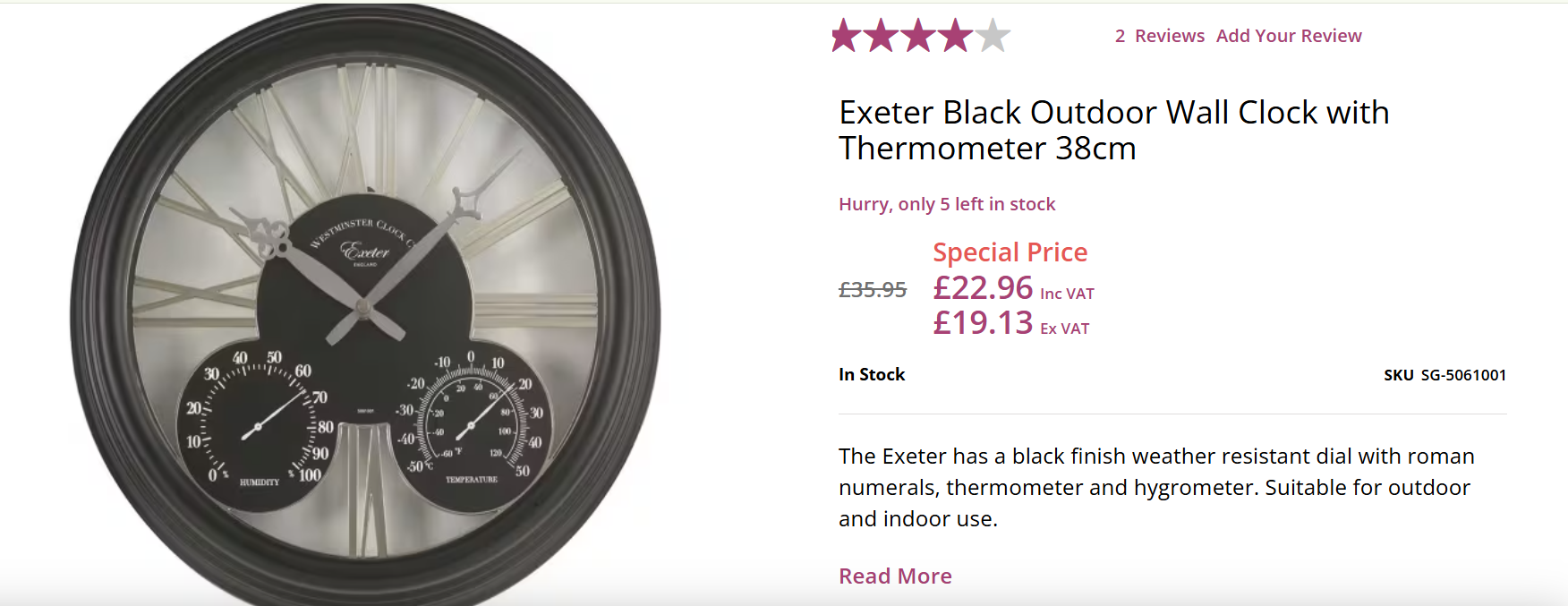 Exeter Black Outdoor Wall Clock with Thermometer 