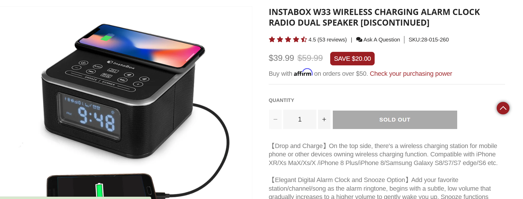 InstaBox Wireless Charging Alarm Clock