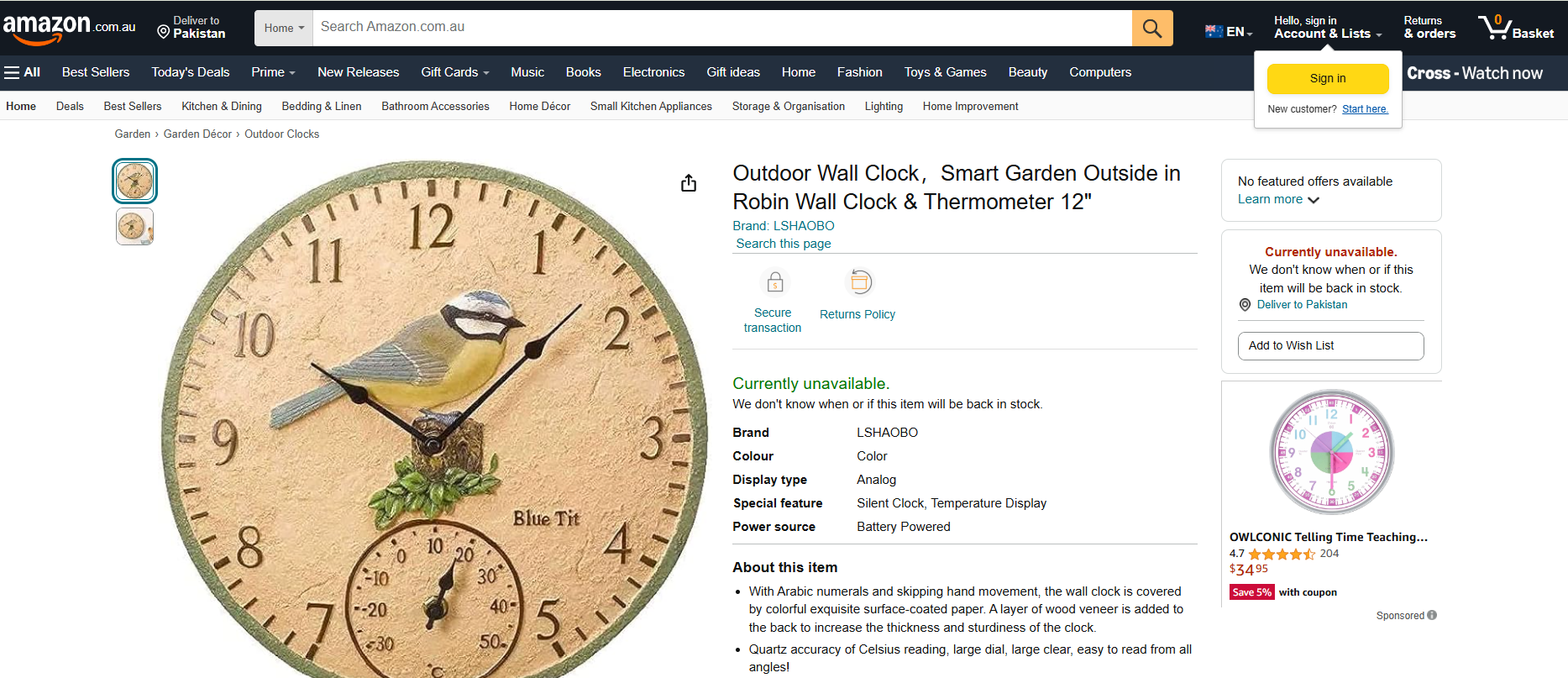 Robin Outdoor Wall Clock with Thermometer 