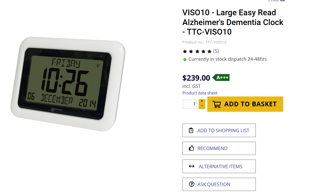 VISO10 Large Easy Read Alzheimer’s Dementia Clock